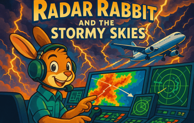 "Radar Rabbit and the Stormy Skies" featuring Radar Rabbit in aviation headset and weather monitoring equipment, heroically guiding an aircraft through dramatic thunderstorms. Show spectacular storm clouds with lightning bolts, colorful weather radar displays, and the aircraft navigating safely through the weather system. Radar Rabbit should look confident and professional while operating advanced weather radar technology. Include visual elements showing radar signatures, storm detection capabilities, and safe flight corridors through dangerous weather.