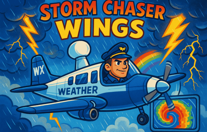 "Storm Chaser Wings" featuring Captain Storm's weather research aircraft flying heroically through dramatic storm clouds with lightning bolts and swirling weather patterns. Show the specialized aircraft with its weather radar dome and scientific equipment clearly visible, painted in bright blue and white colors. Captain Storm should be visible in the cockpit looking confident and determined.