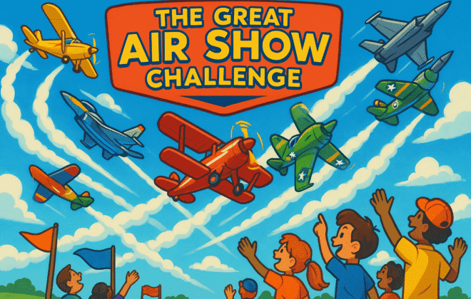 "The Great Air Show Challenge" featuring cartoon-style aircraft performing spectacular aerial displays. Show multiple colorful planes including aerobatic aircraft, vintage warbirds, and modern jets performing synchronized maneuvers against a bright blue sky with puffy white clouds. Include excited spectators watching from below, with flags and banners fluttering in the breeze. The scene should capture the excitement and wonder of an aviation air show with dynamic action, bright colors, and a sense of celebration.