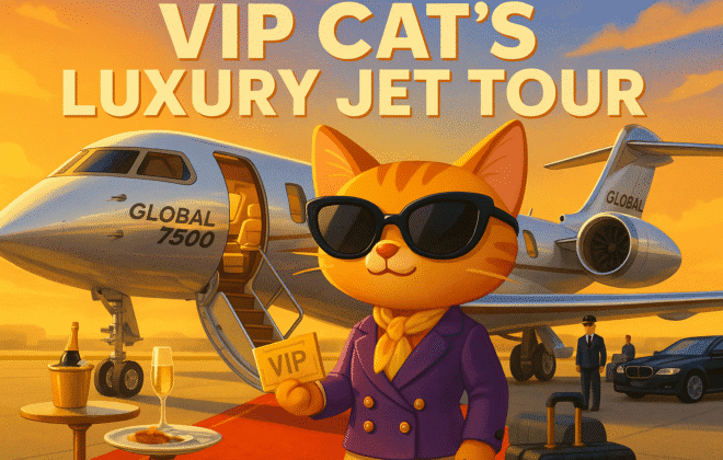 "VIP Cat's Luxury Jet Tour" featuring VIP Cat in elegant designer attire and sunglasses, standing confidently next to a sleek Global 7500 business jet on a luxury airport tarmac with red carpet treatment. Show the aircraft's premium exterior design with polished metallic finish and elegant branding. Include luxury elements like champagne service, fine dining setup, leather cabin interiors visible through windows, and exclusive ground services. VIP Cat should be holding a golden boarding pass while luxury vehicles and professional staff attend to every detail.