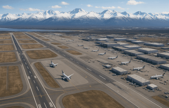 Aerial view of Ted Stevens Anchorage International Airport (ANC) showing multiple runways, cargo terminals, aircraft on tarmac, snow-covered mountains in background, showcasing Alaska's strategic aviation hub