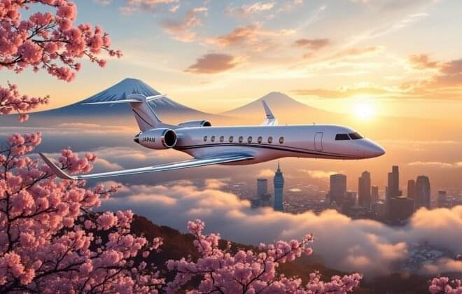 Luxury private jet flying over Japan with Mount Fuji in the background, cherry blossom trees below, modern Tokyo skyline visible in distance, golden sunset lighting, professional aviation photography style, high-end business travel aesthetic, cinematic composition
