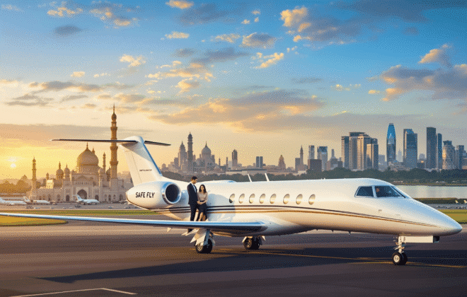 Luxury private jet aircraft at Hyderabad Rajiv Gandhi International Airport with iconic Charminar and modern HITEC City skyline visible in the background, Cyberabad IT towers and Hussain Sagar Lake in the distance, golden sunset lighting over the Pearl City, executive passengers in business attire, Safe Fly Aviation branding on the aircraft, professional aviation photography showcasing Hyderabad's blend of heritage and technology, world-class luxury travel aesthetic