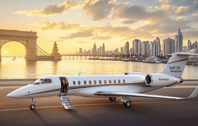 Luxury private jet aircraft at Mumbai Chhatrapati Shivaji International Airport with iconic Gateway of India and Mumbai Marine Drive skyline in the background, Nariman Point business district and Bandra-Kurla Complex towers visible, golden sunset over Arabian Sea, executive passengers in premium business attire, Safe Fly Aviation branding elegantly displayed on aircraft, professional aviation photography showcasing Mumbai's financial district and coastal beauty, world-class luxury travel aesthetic representing India's commercial capital