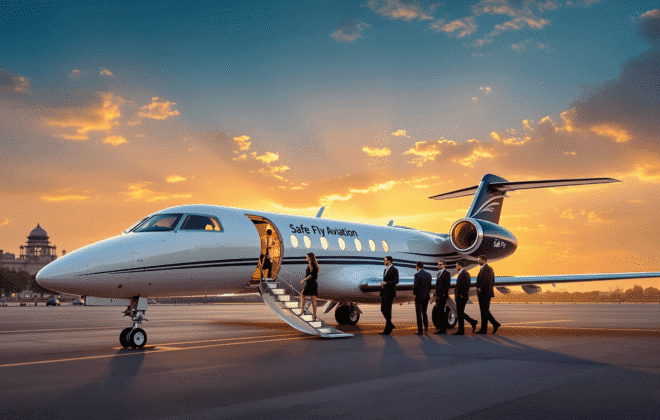 Luxury private jet aircraft on the tarmac at Delhi Indira Gandhi International Airport with iconic India Gate and modern Delhi skyline in the background, golden sunset lighting over the capital city, executive passengers in premium business attire boarding the aircraft, Safe Fly Aviation branding elegantly displayed, professional aviation photography with depth and sophistication, world-class luxury travel aesthetic with Indian cultural elements subtly incorporated