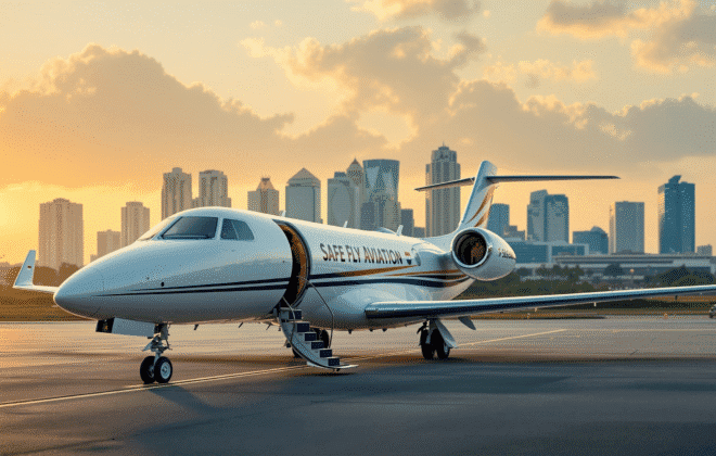 Luxury white private jet aircraft on the tarmac at Bangalore airport with the modern Bangalore skyline in the background, high-tech buildings and IT parks visible, Indian flag colors subtly incorporated, professional business aviation scene, golden hour lighting, executive travelers boarding the aircraft, Safe Fly Aviation branding visible on the jet, cinematic composition with depth of field