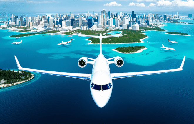 Modern white private jet aircraft flying over South East Asia tropical islands, turquoise blue ocean with palm trees, Singapore skyline and Bangkok landmarks visible, multiple aircraft types in formation, luxury business aviation scene, professional marketing photography style, bright daylight with clear skies