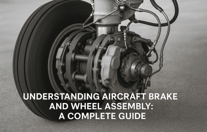 Professional feature image for aviation blog showing detailed aircraft brake and wheel assembly with modern carbon brake discs, hydraulic brake lines, and anti-skid sensors. Commercial aircraft landing gear with visible brake components, professional aviation photography style. Include subtle overlay text space for "Understanding Aircraft Brake and Wheel Assembly: A Complete Guide". Clean, technical, and authoritative design suitable for Safe Fly Aviation website header.
