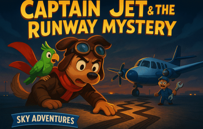 Vibrant promotional feature image for "Captain Jet & The Runway Mystery" showing Captain Jet with red scarf and aviator glasses investigating mysterious zigzag tire marks on an airport runway. Include his green parrot co-pilot, Cloud Chaser turboprop aircraft, and Mr. Spanner the mechanic in background. Add dramatic lighting with mystery atmosphere but colorful and exciting. Professional poster-style cartoon illustration with Sky Adventures branding elements.