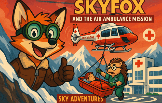 image for "SkyFox and the Air Ambulance Mission" showing SkyFox the orange fox aviator with green goggles and Dr. Hedgehog conducting dramatic mountain rescue with MedStar One air ambulance. Include rescue basket operation above snowy peaks, medical cross symbols, and hospital landing scene. Medical rescue theme with professional red and white colors.