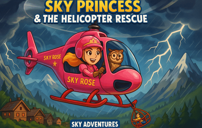 Vibrant promotional feature image for "Sky Princess & The Helicopter Rescue" showing Princess Aero in pink helmet heroically piloting Sky Rose helicopter during mountain rescue mission. Include Professor Hoot the owl co-pilot, dramatic storm clouds, rescue basket operations, and mountain village below. Dynamic action scene with bright heroic colors. Professional poster-style cartoon illustration with Sky Adventures branding.