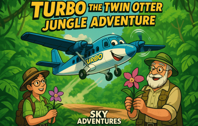 "Turbo the Twin Otter Jungle Adventure" showing Turbo the cheerful blue and white Twin Otter aircraft performing dramatic STOL takeoff from tiny jungle airstrip surrounded by lush Amazon rainforest. Include Dr. Greenleaf botanist and Professor Leafwhisper with rare orchid specimens. Bright green jungle theme with adventure atmosphere.