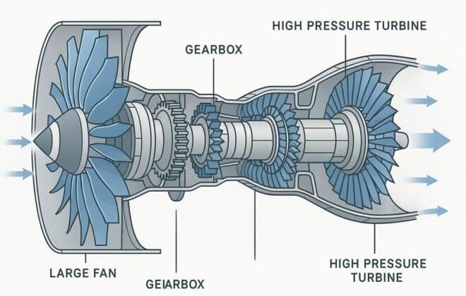 Latest trends in aircraft jet engine technology: GTF, SAF, hydrogen, digital twins & hybrid propulsion shaping sustainable aviation.