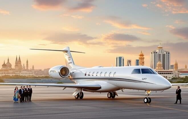 Luxury private jet at Sardar Vallabhbhai Patel International Airport Gujarati architectural elements with traditional step-well (vav) motifs Modern GIFT City skyline showcasing Ahmedabad's financial district Cultural heritage blend combining traditional and contemporary elements Golden sunset lighting over the Gujarat landscape Business executives in both traditional and modern attire Safe Fly Aviation branding professionally integrated Textile and diamond industry symbols subtly incorporated