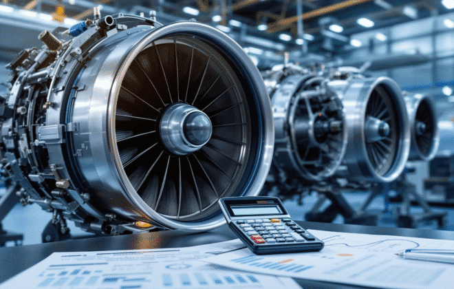 Professional feature image for aviation finance blog. High-quality photograph of commercial jet engine components with financial elements subtly integrated - calculator, pricing charts, maintenance schedules visible on a professional desk or inspection area. Modern maintenance facility background, professional lighting, business documents showing engine specifications and pricing data, corporate aviation aesthetic, photorealistic quality, no text overlays, blue and silver color scheme, suitable for blog header about engine valuation and pricing.