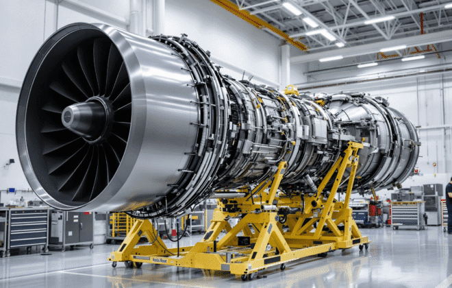 Rolls-Royce RB211 class jet engine mounted on heavy-duty pin-mounted base stand, visible mounting pins and stabilizing framework, clean MRO workshop environment, white walls, industrial LED lighting, workbenches with tools visible, technical precision visible in mounting system, professional aviation maintenance