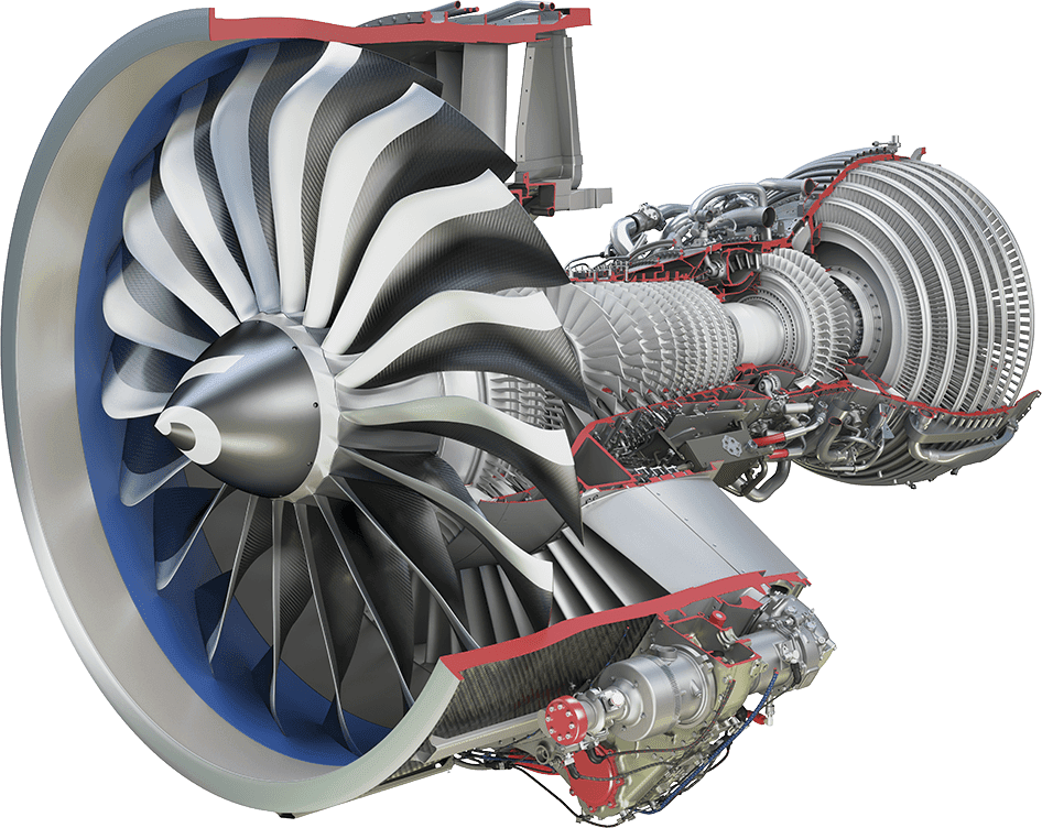 CFM-56 turbofan engine cross-section diagram showing fan, compressor, combustor and turbine stages