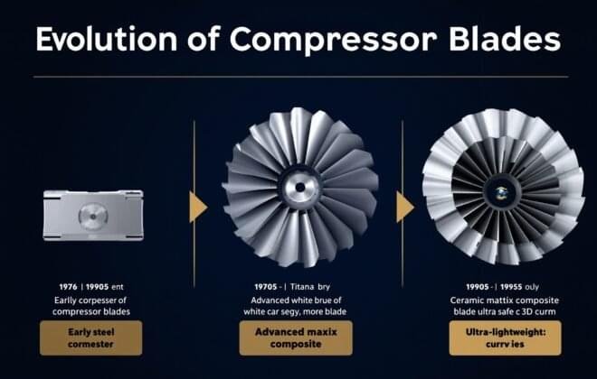 Discover how compressor blade evolution from steel to titanium aluminides and ceramic composites revolutionised jet engine efficiency, saving airlines billions. Explore the materials science breakthroughs behind high-bypass turbofan technology