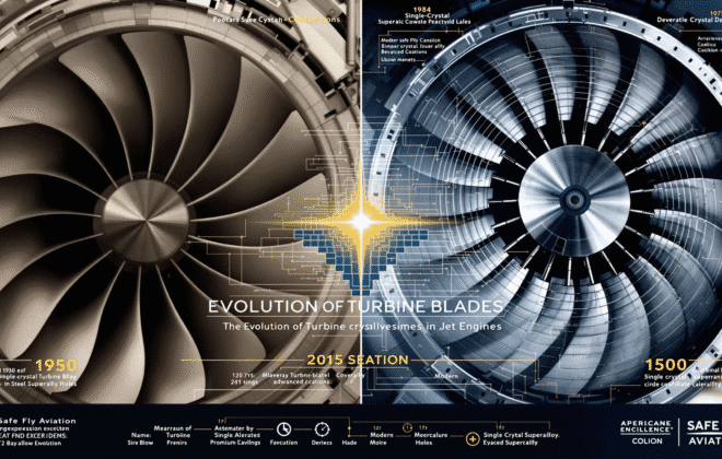 Evolution of Turbine Blades in Jet Engines', split composition showing progression from left to right: vintage 1930s steel turbine blade (sepia tone, simple design) transforming into modern single-crystal superalloy blade (metallic blue-silver, complex cooling holes, advanced coatings), dramatic evolution timeline concept, aerospace engineering excellence