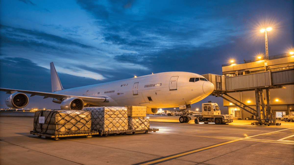 Professional cargo aircraft (Boeing 767F or 757F) loading freight pallets at airport terminal during twilight with deep blue sky - Safe Fly Aviation air cargo charter services
