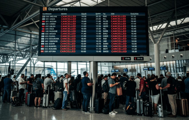 Indigo flight cancellation status on display board
