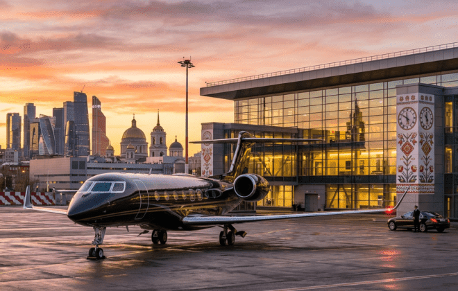 Luxury private jet at modern Eastern European airport terminal during golden hour - Safe Fly Aviation