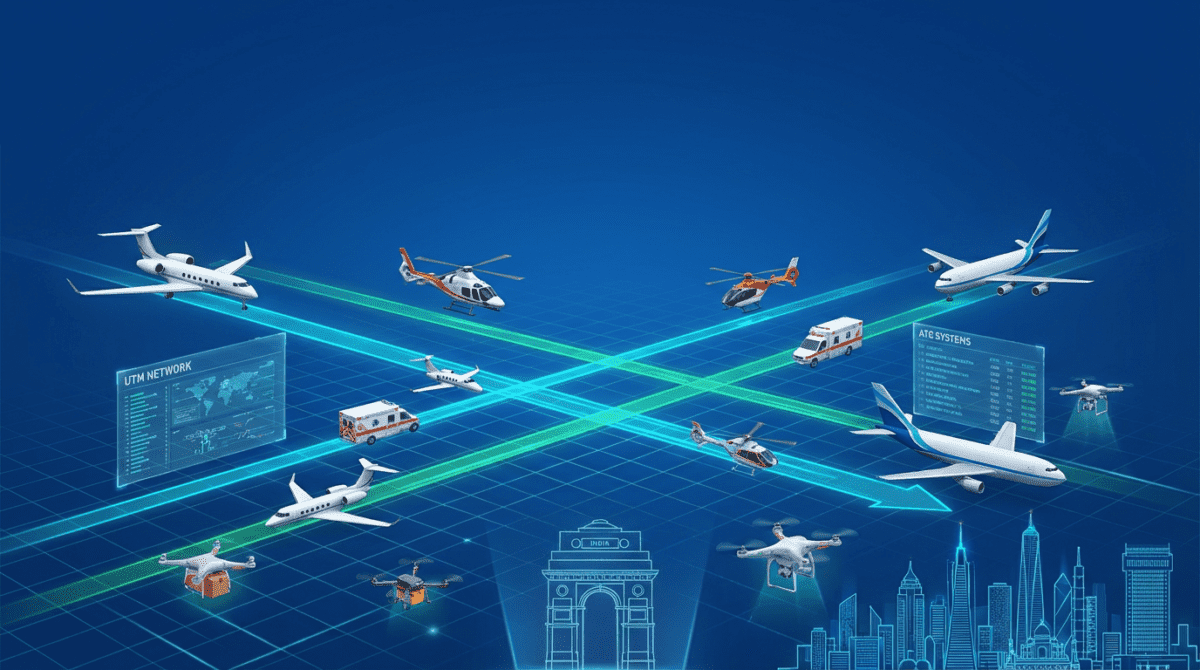 Image Showcasing the complexity of modern Indian skies with various aircraft types (business jets, helicopters, drones, cargo planes) coexisting in an organized manner