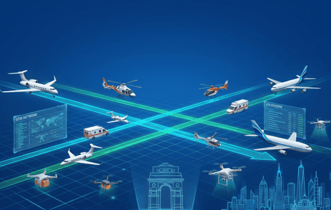 Image Showcasing the complexity of modern Indian skies with various aircraft types (business jets, helicopters, drones, cargo planes) coexisting in an organized manner