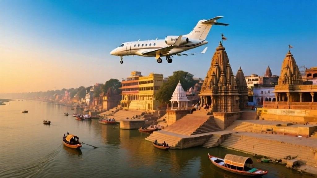 Luxury private business jet flying over Varanasi temples and Ganges river ghats at golden hour - Safe Fly Aviation charter from Delhi to spiritual India destinations