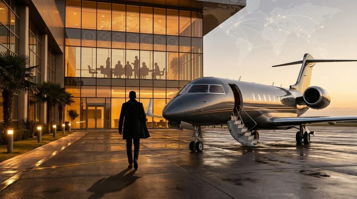 Luxury private business jet on executive airport tarmac with CEO executive walking toward aircraft representing shift from commercial airlines to private charter aviation for corporate travel reliability time efficiency and privacy in 2026