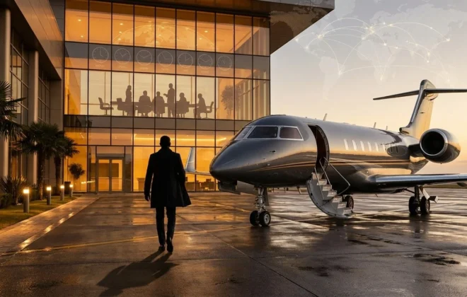 Luxury private business jet on executive airport tarmac with CEO executive walking toward aircraft representing shift from commercial airlines to private charter aviation for corporate travel reliability time efficiency and privacy in 2026