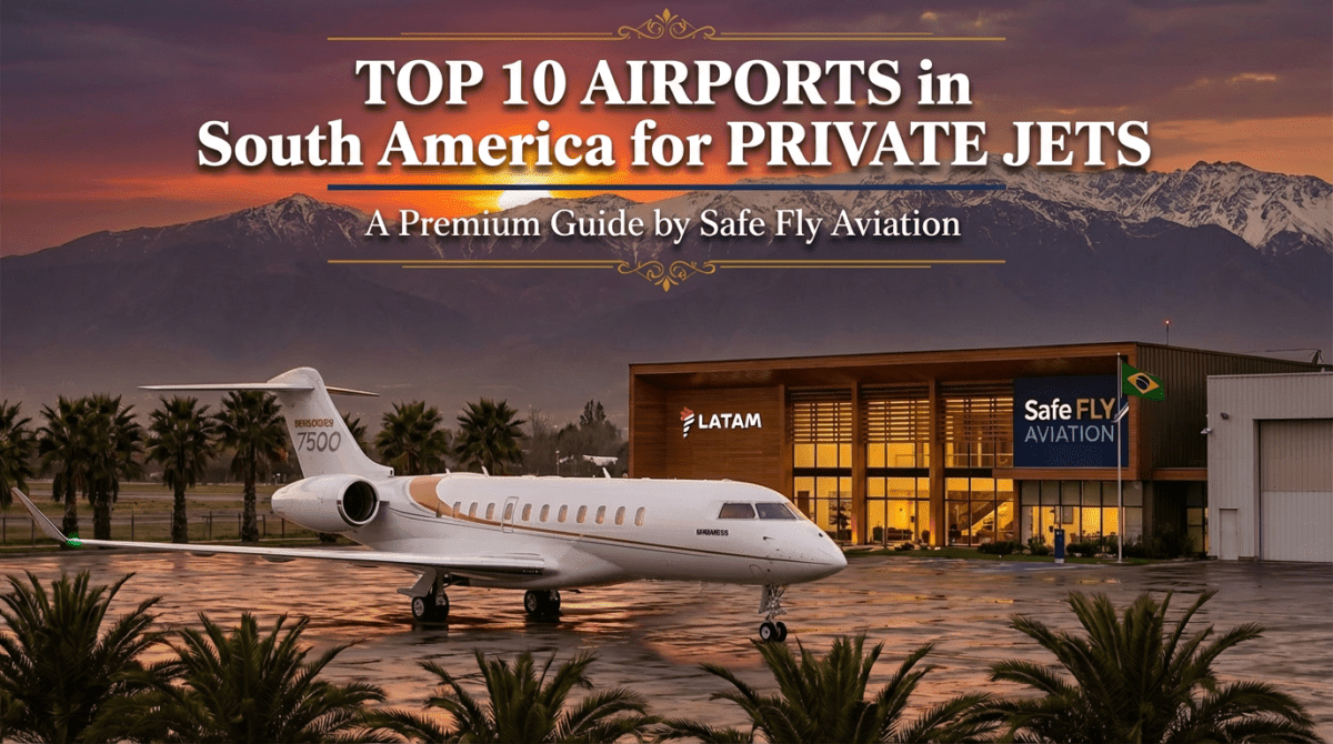 Luxury private jet at South American airport with Andes mountains - Top 10 airports for private jets in South America by Safe Fly Aviation