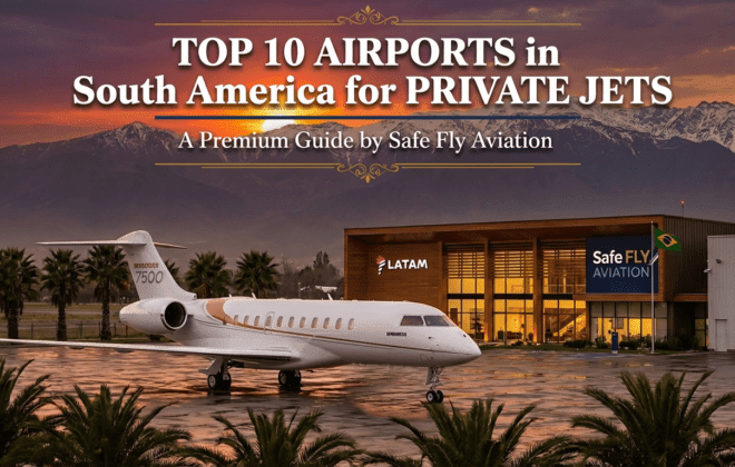 Luxury private jet at South American airport with Andes mountains - Top 10 airports for private jets in South America by Safe Fly Aviation