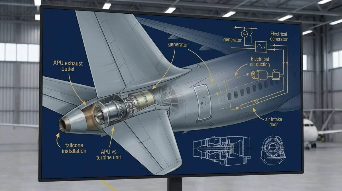 Modern aircraft auxiliary power unit APU cutaway technical illustration showing gas turbine internals with engineering blueprints representing evolution from early innovations to modern essentials in commercial airliners and business jets aviation technology