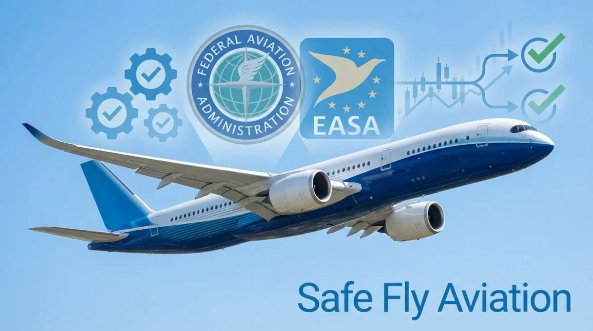 Commercial passenger aircraft in flight with aviation safety certification symbols and regulatory oversight badges showing airline bankruptcy does not affect flight safety standards or passenger protection