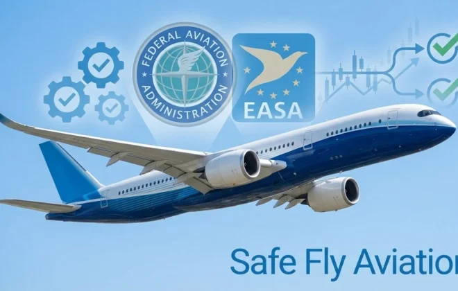 Commercial passenger aircraft in flight with aviation safety certification symbols and regulatory oversight badges showing airline bankruptcy does not affect flight safety standards or passenger protection