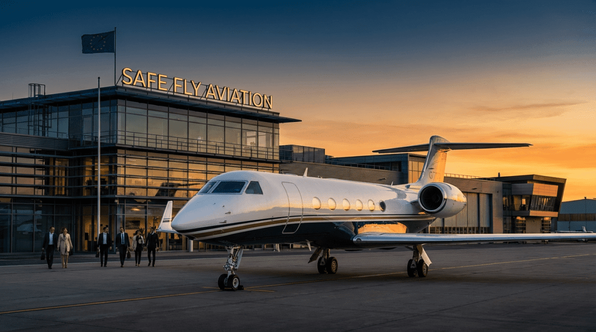 Luxury private jet at European airport terminal - Top 10 airports for private jet travel in Western Europe by Safe Fly Aviation